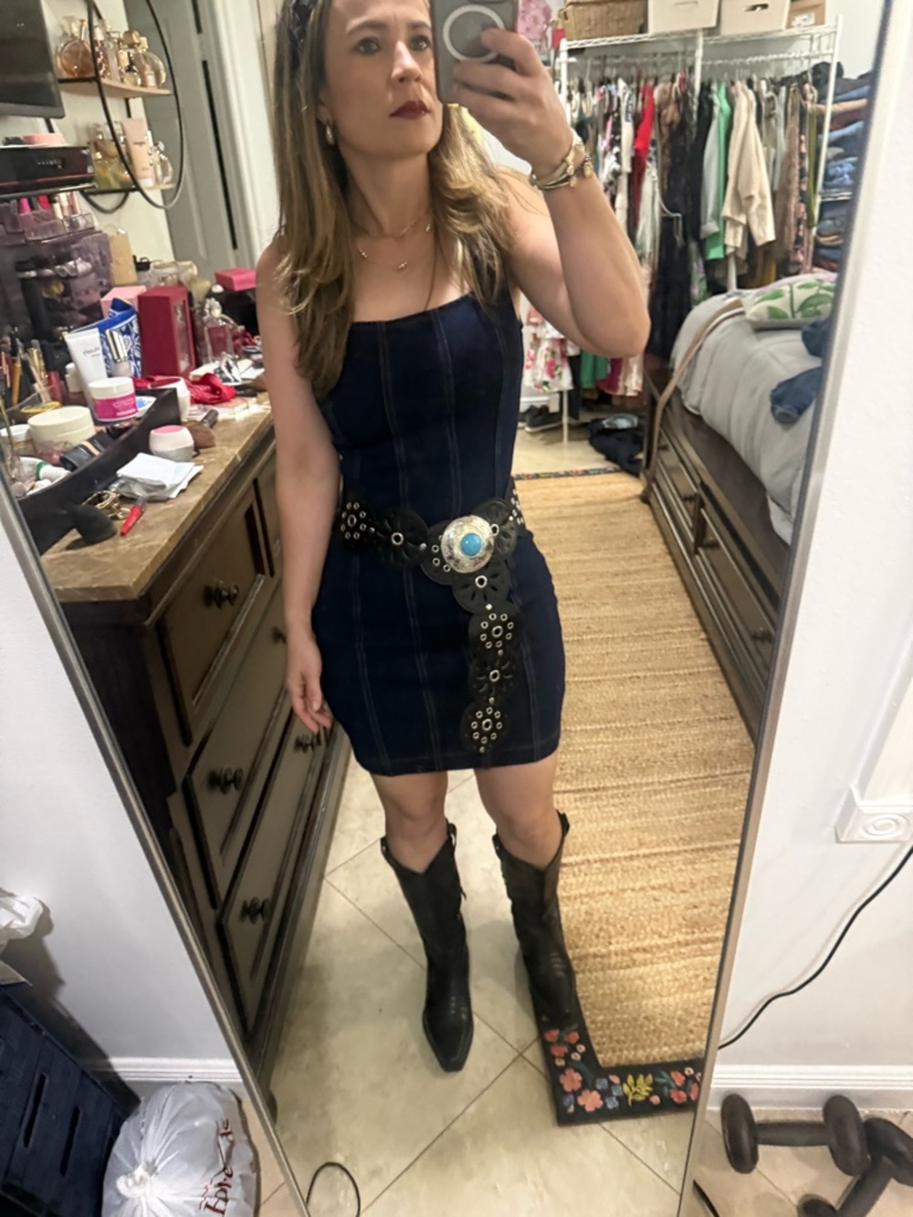 Guess Navy Denim Square-Neck Mini Dress